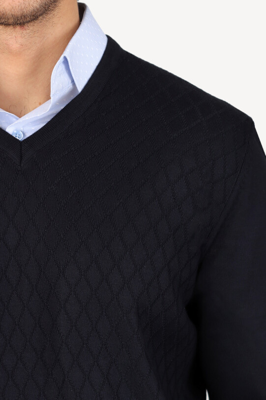 Erkek Lacivert Klasik V Yaka Desenli Triko