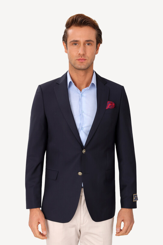 Erkek Lacivert Klasik Yünlü Mono Yaka Blazer Ceket - YSF