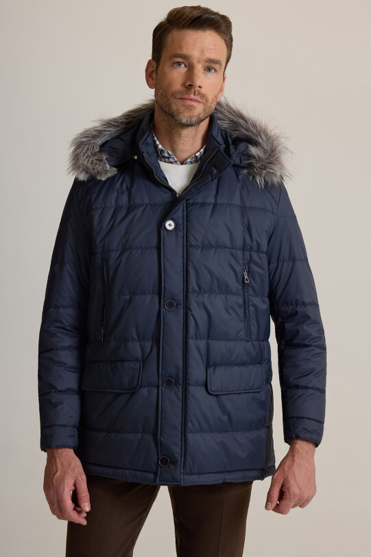 Erkek Lacivert Kürklü Yaka Kaban