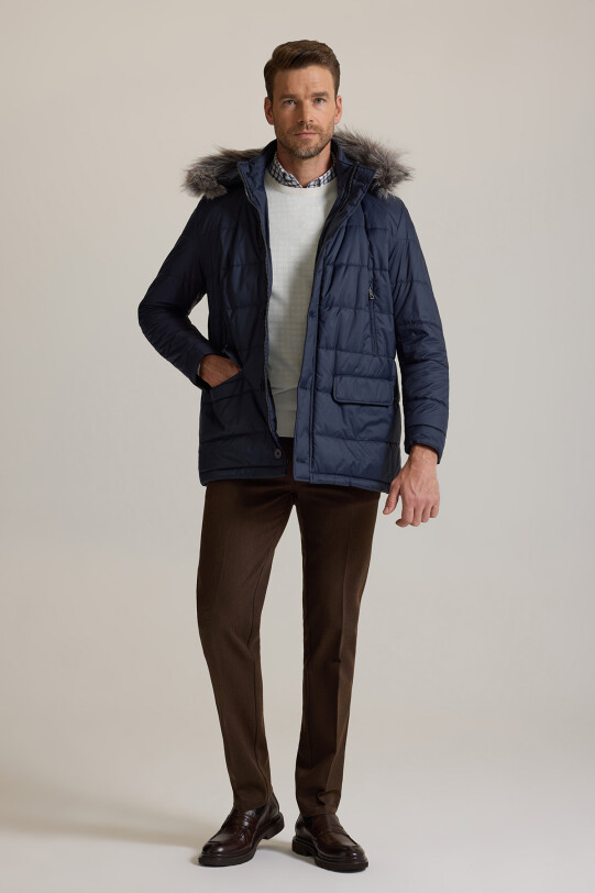 Erkek Lacivert Kürklü Yaka Kaban