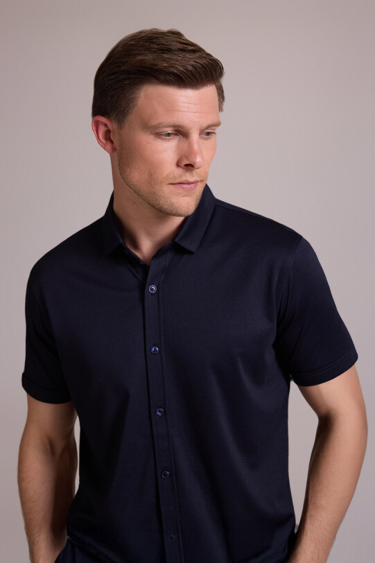 Erkek Lacivert Merserize Kısa Kol Gömlek