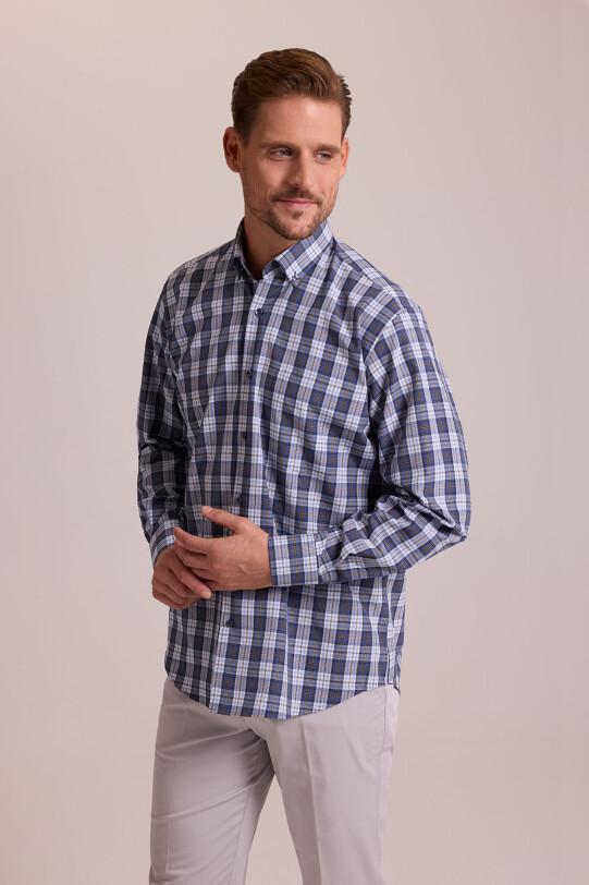 Erkek Lacivert Oversize Düğmeli Yaka Kareli Gömlek