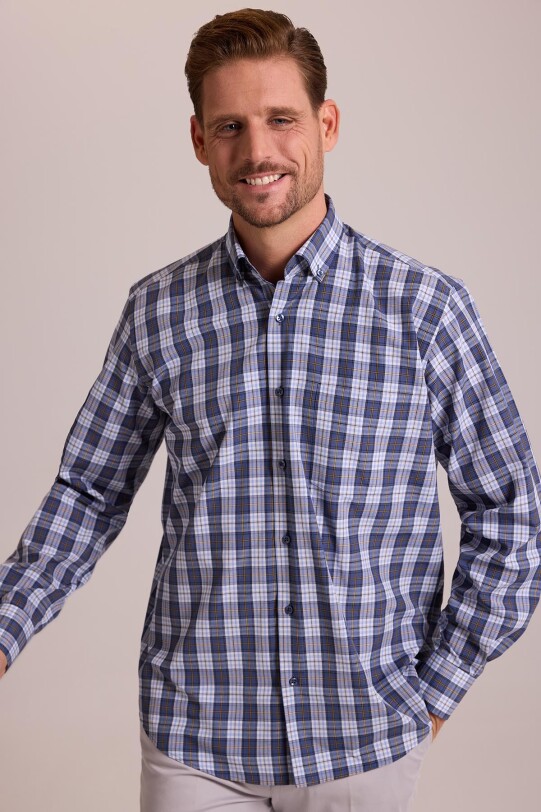 Erkek Lacivert Oversize Düğmeli Yaka Kareli Gömlek
