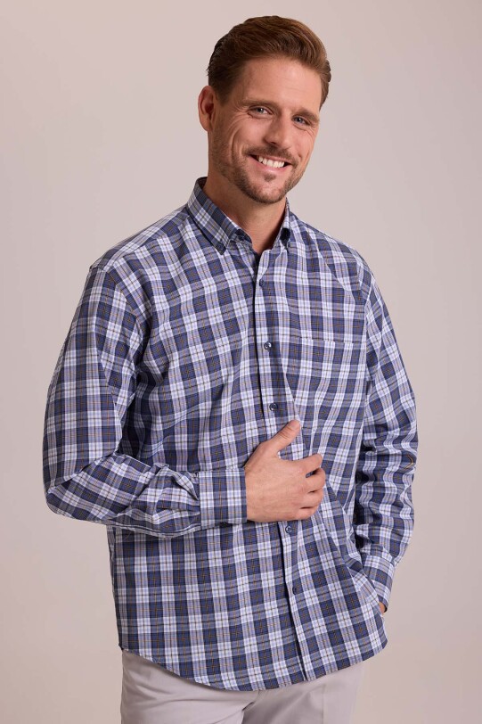 Erkek Lacivert Oversize Düğmeli Yaka Kareli Gömlek