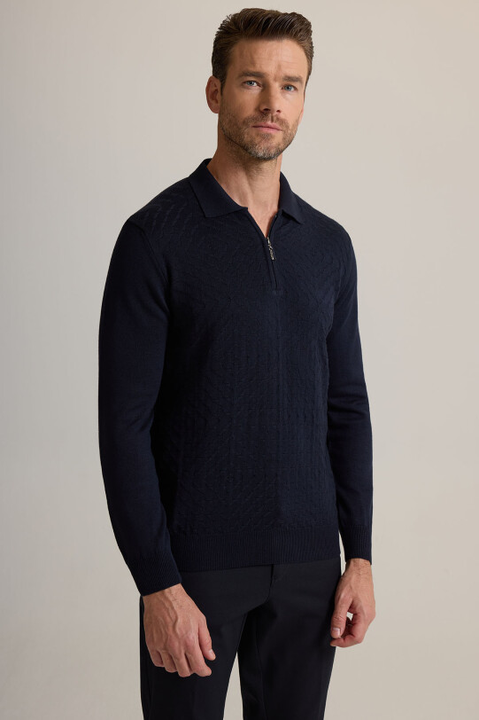 Erkek Lacivert Polo Yaka Fermuarlı Triko