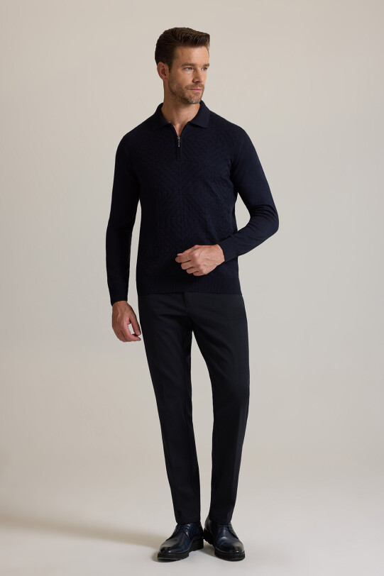 Erkek Lacivert Polo Yaka Fermuarlı Triko