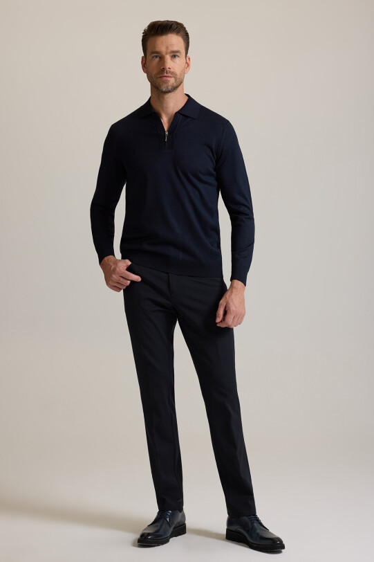 Erkek Lacivert Polo Yaka Fermuarlı Triko