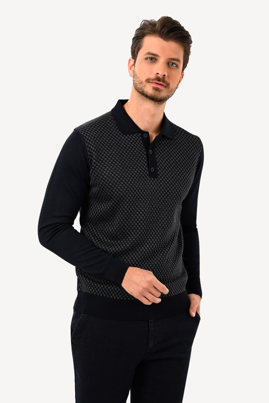 Erkek Lacivert Polo Yaka Klasik Desenli