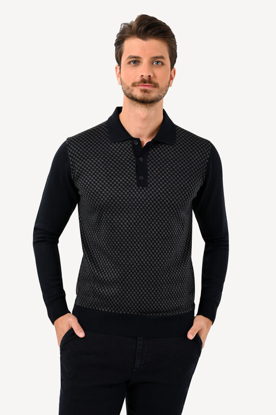 Erkek Lacivert Polo Yaka Klasik Desenli