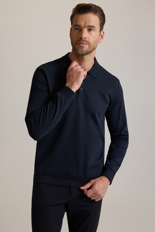 Erkek Lacivert Polo Yaka Pamuklu Sweatshirt