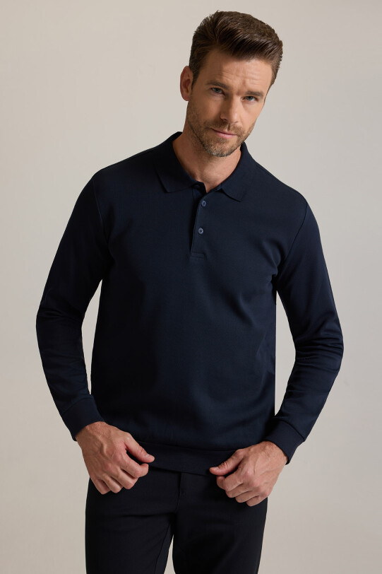 Erkek Lacivert Polo Yaka Pamuklu Sweatshirt