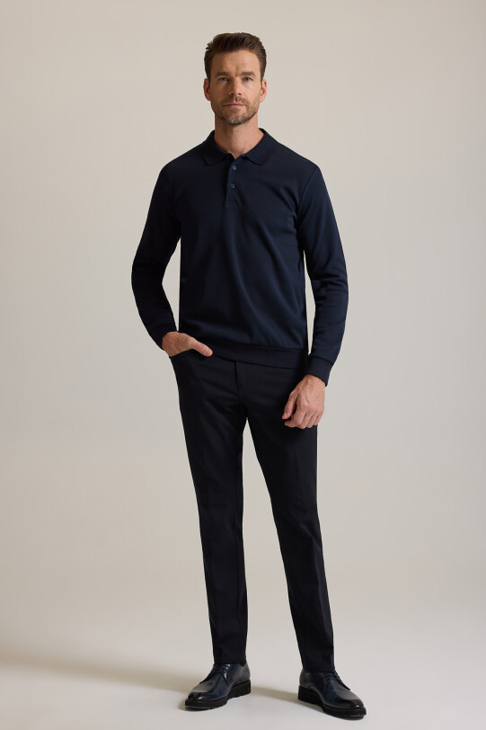 Erkek Lacivert Polo Yaka Pamuklu Sweatshirt