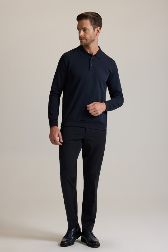 Erkek Lacivert Polo Yaka Pamuklu Sweatshirt