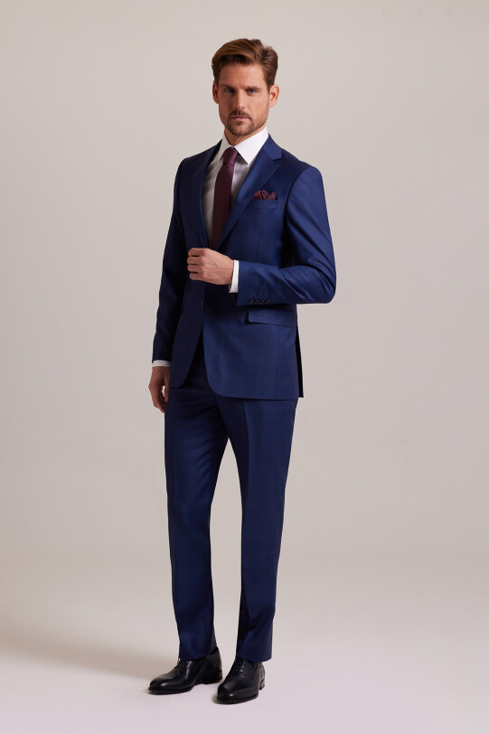 Erkek Lacivert Regular Fit Çift Yırtmaç Kareli Takım Elbise