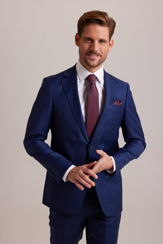 Erkek Lacivert Regular Fit Çift Yırtmaç Kareli Takım Elbise