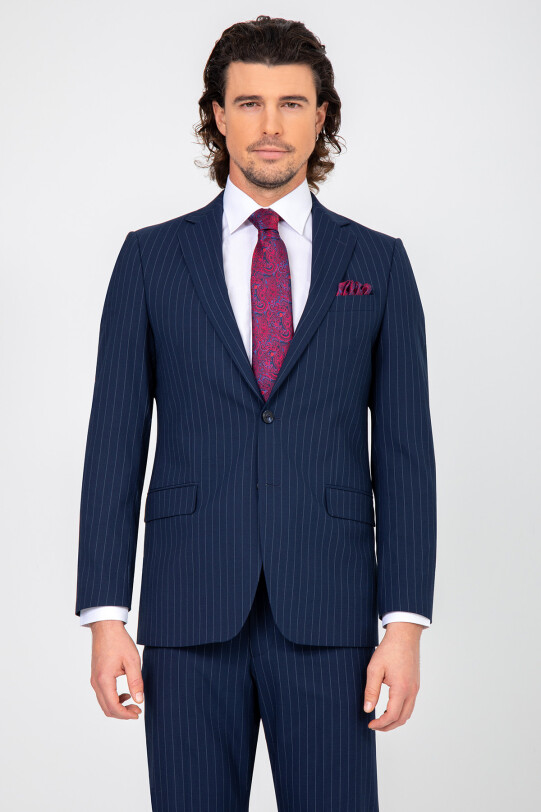 Erkek Lacivert Regular Fit Çizgili Çift Yırtmaç Takım Elbise