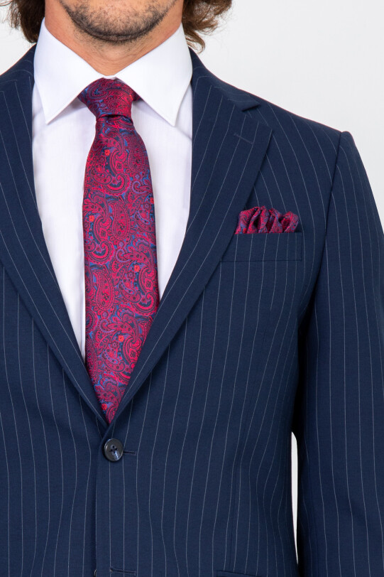 Erkek Lacivert Regular Fit Çizgili Çift Yırtmaç Takım Elbise