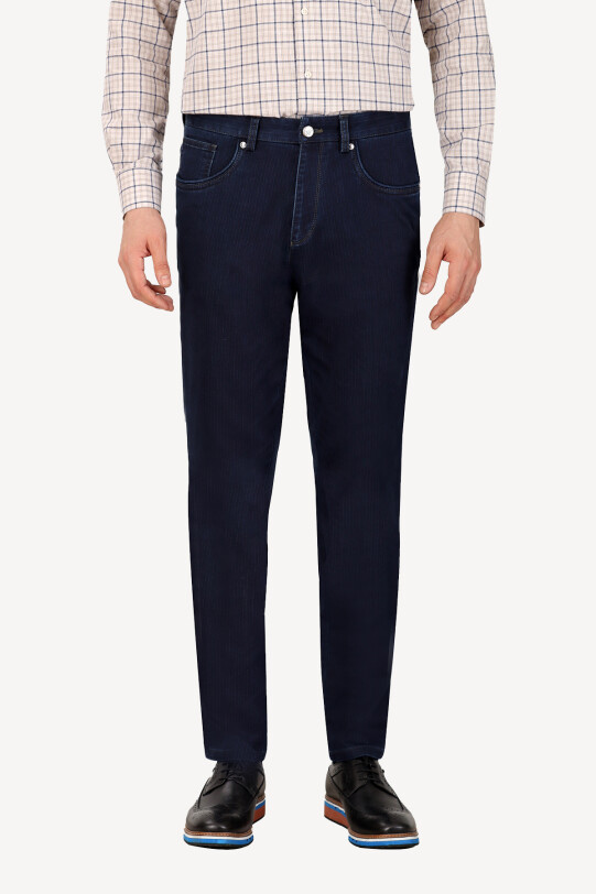 Erkek Lacivert Regular Fit Çizgili Kanvas Spor Pantolon