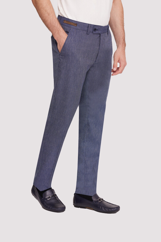 Erkek Lacivert Regular Fit Çizgili Keten Pantolon