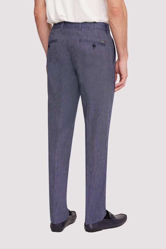 Erkek Lacivert Regular Fit Çizgili Keten Pantolon