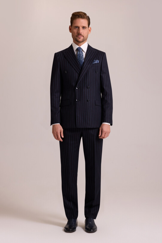 Erkek Lacivert Regular Fit Çizgili Kruvaze Yün Takım Elbise