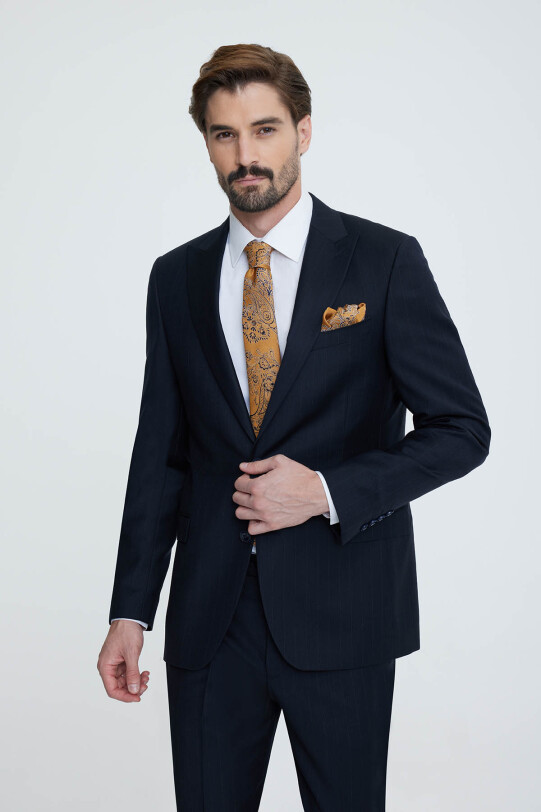 Erkek Lacivert Regular Fit Çizgili Takım Elbise