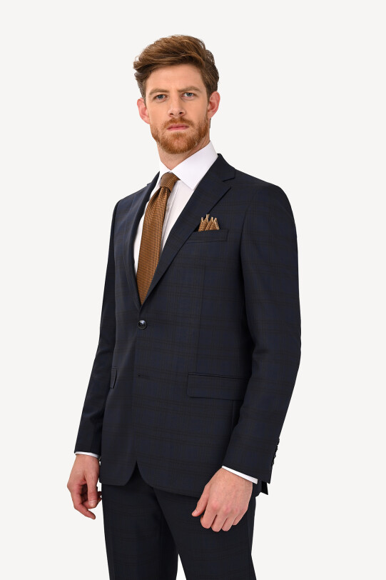 Erkek Lacivert Regular Fit Desenli Çift Yırtmaçlı Takım Elbise