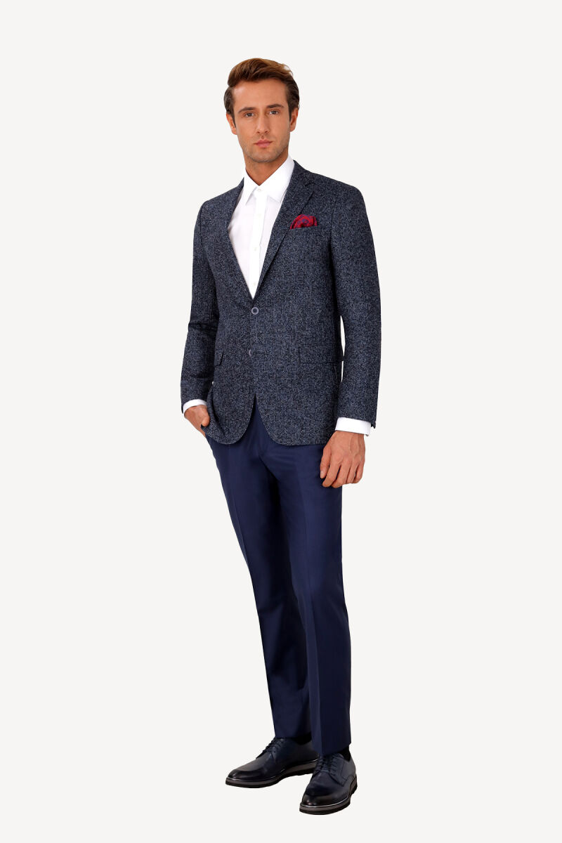 Erkek Lacivert Regular Fit Desenli Virgin Yün Ceket - 2