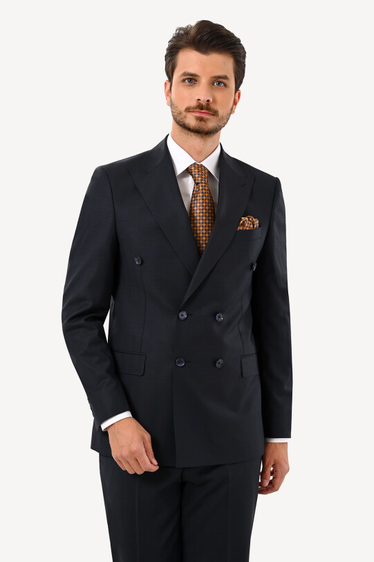 Erkek Lacivert Regular Fit Ekose Kruvaze Takım Elbise