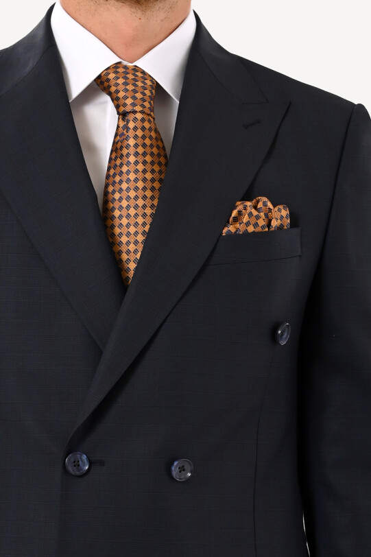 Erkek Lacivert Regular Fit Ekose Kruvaze Takım Elbise