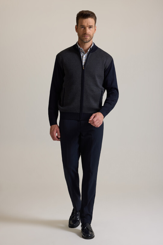 Erkek Lacivert Regular Fit Hakim Yaka Fermuarlı Triko Hırka