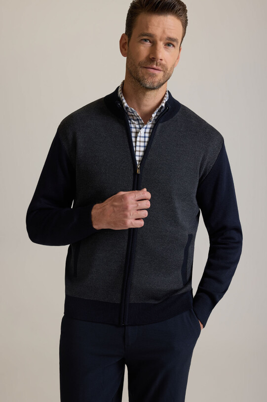 Erkek Lacivert Regular Fit Hakim Yaka Fermuarlı Triko Hırka