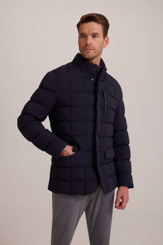 Erkek Lacivert Regular Fit Hakim Yaka Gizli Kapüşonlu Kaban