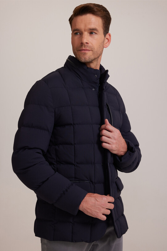 Erkek Lacivert Regular Fit Hakim Yaka Gizli Kapüşonlu Kaban