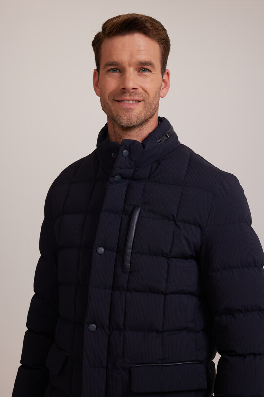 Erkek Lacivert Regular Fit Hakim Yaka Gizli Kapüşonlu Kaban