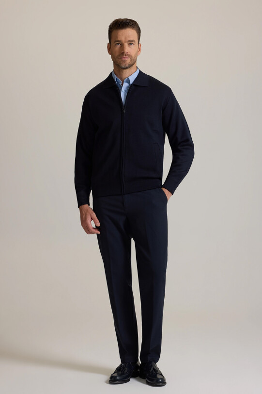 Erkek Lacivert Regular Fit İçi Astarlı Fermuarlı Triko Hırka