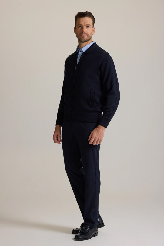 Erkek Lacivert Regular Fit İçi Astarlı Fermuarlı Triko Hırka