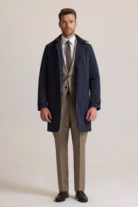 Erkek Lacivert Regular Fit İçi Çıkmalı Kuşaklı Pardesü