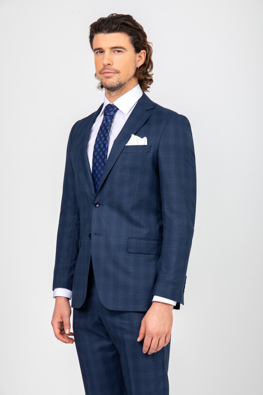 Erkek Lacivert Regular Fit Kareli Çift Yırtmaçlı Takım Elbise
