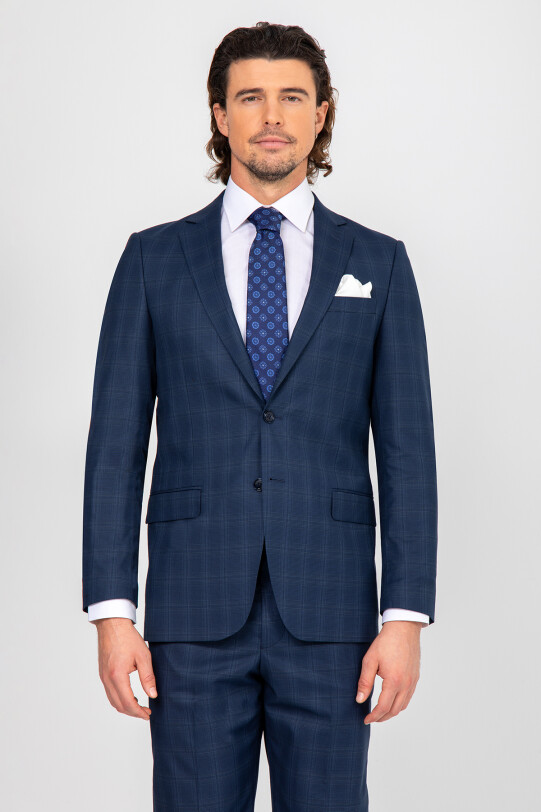 Erkek Lacivert Regular Fit Kareli Çift Yırtmaçlı Takım Elbise