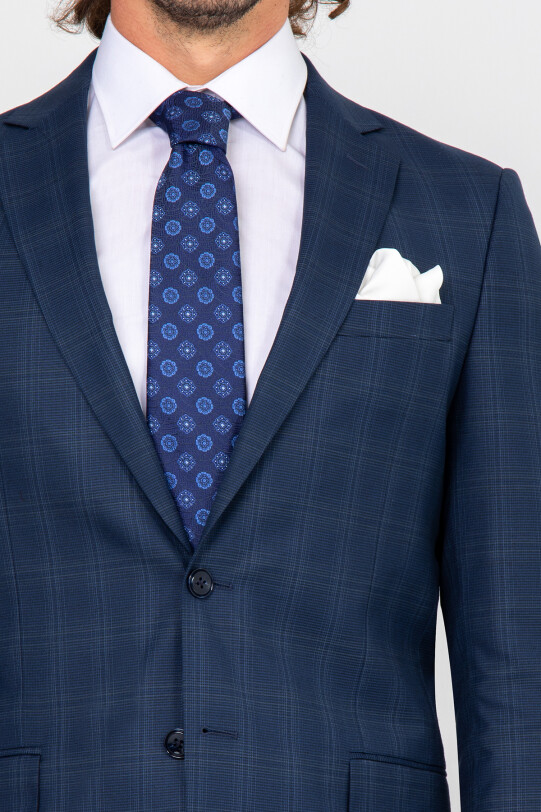 Erkek Lacivert Regular Fit Kareli Çift Yırtmaçlı Takım Elbise