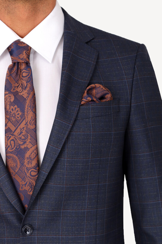 Erkek Lacivert Regular Fit Kareli Takım Elbise