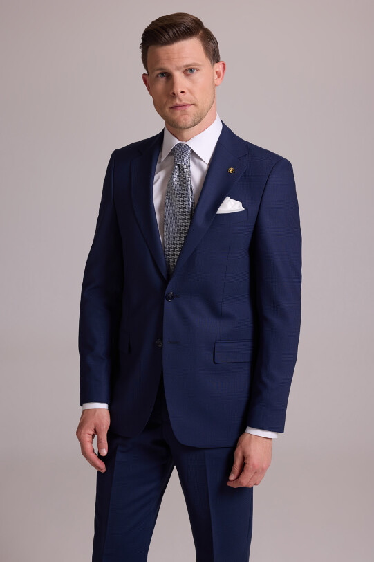 Erkek Lacivert Regular Fit Kareli Yün Mono Yakalı Takım Elbise