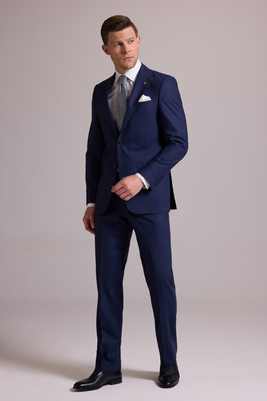 Erkek Lacivert Regular Fit Kareli Yün Mono Yakalı Takım Elbise