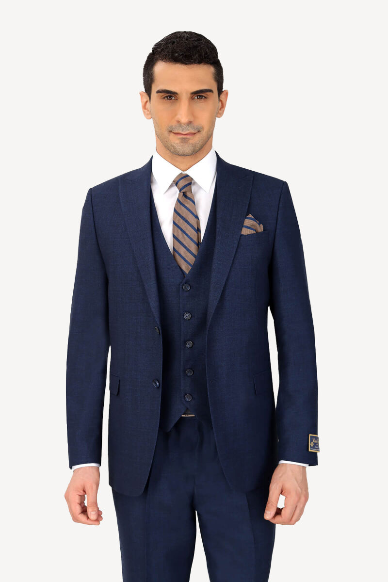 Erkek Lacivert Regular Fit Kuşgözü Desenli Yelekli Takım Elbise - 2