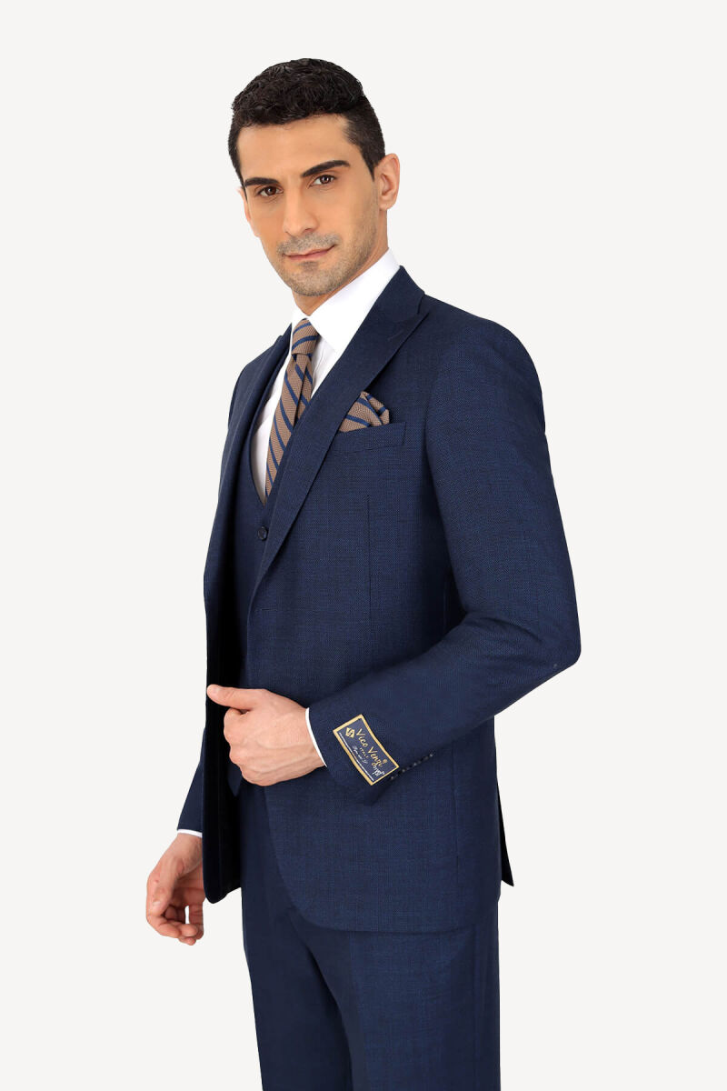 Erkek Lacivert Regular Fit Kuşgözü Desenli Yelekli Takım Elbise - 3