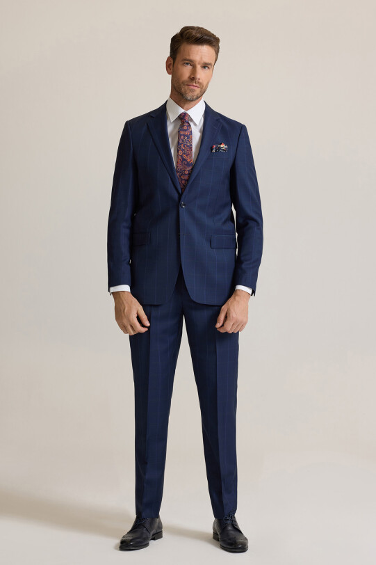Erkek Lacivert Regular Fit Mono Yaka %100 Yün Takım Elbise