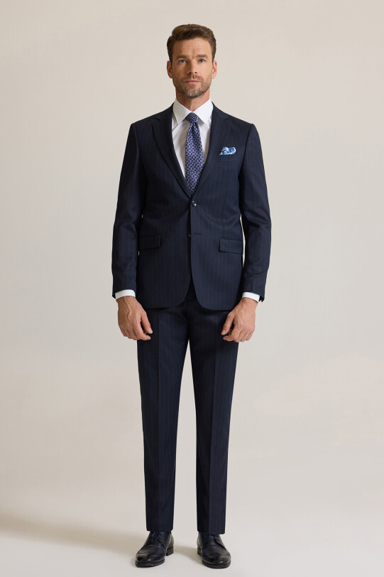 Erkek Lacivert %100 Yün Regular Fit Mono Yaka Takım Elbise