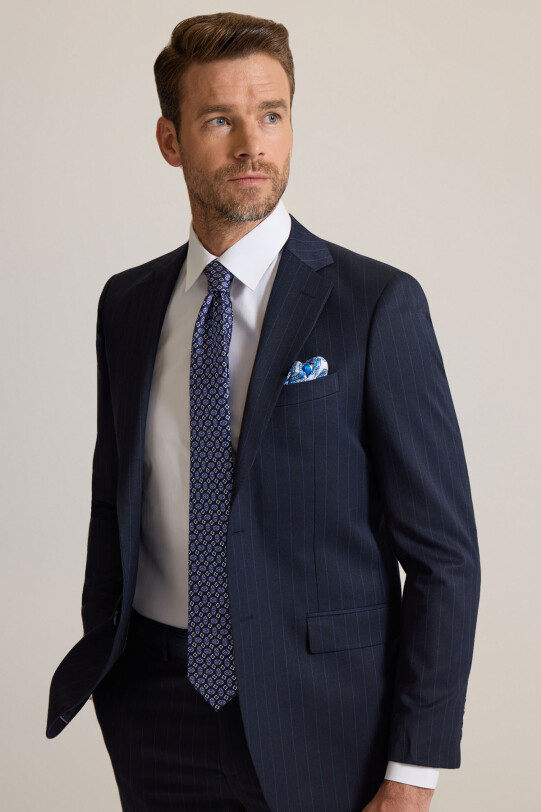 Erkek Lacivert %100 Yün Regular Fit Mono Yaka Takım Elbise