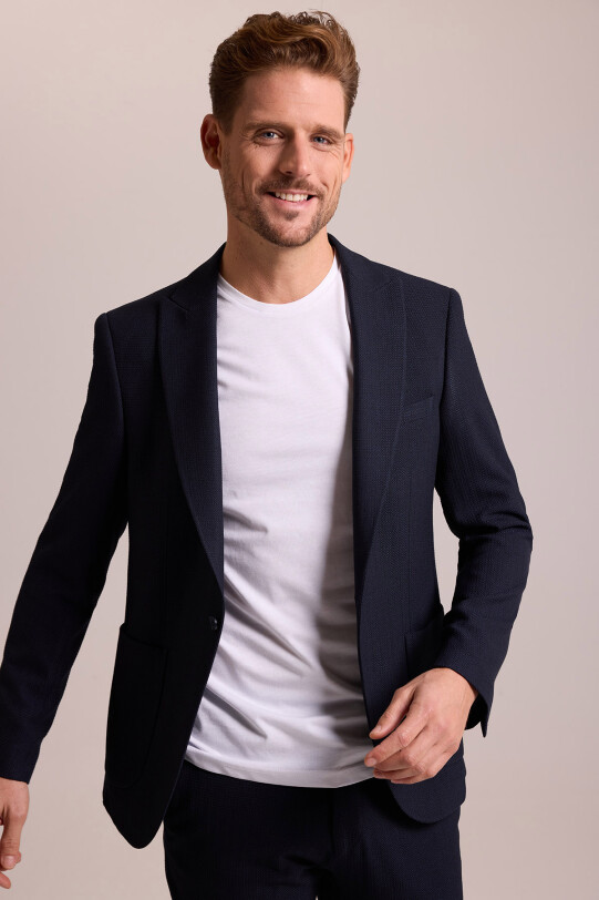 Erkek Lacivert Regular Fit Mono Yaka Beli Lastikli Desenli Takım Elbise